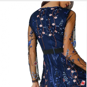 Floral Embroidery Dress Sheer Mesh Summer Boho Mini A-line Dress See-through Black Blue